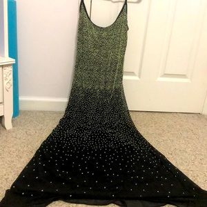 Sparkly gold flower-beaded black lace dress